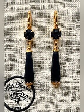 Victorian Black Hematite W/ Black Diamond Crystal In Gold Plated Long Earrings